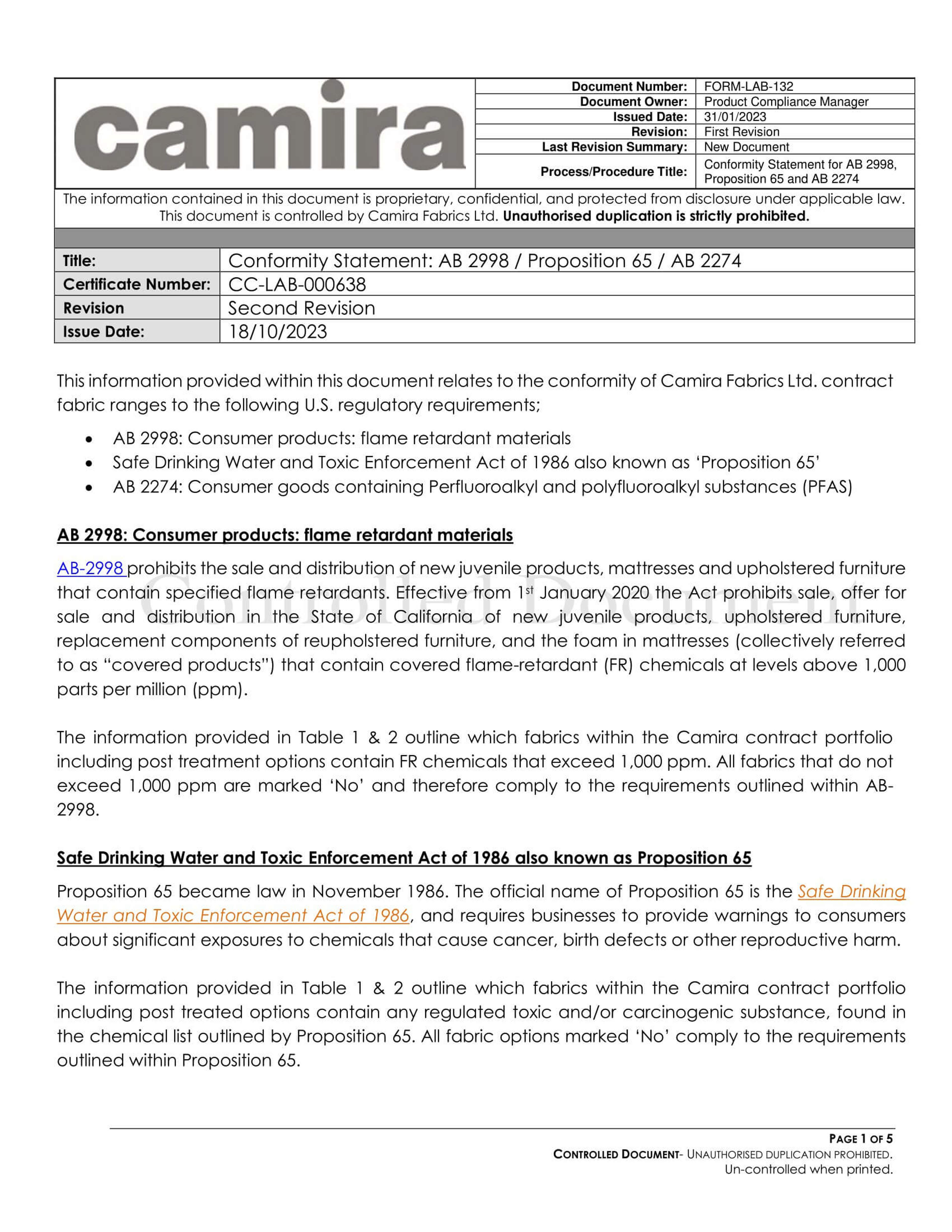 Conformity Statement For AB2998 Proposition 65 And AB2274 V2 1